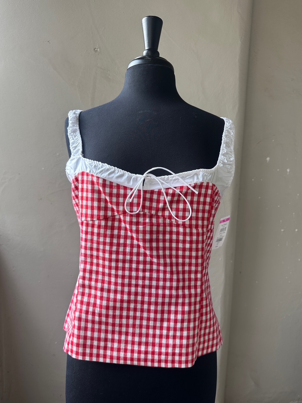ELODIE Red Gingham Ruched Strap Tie Front Tank Top Size L